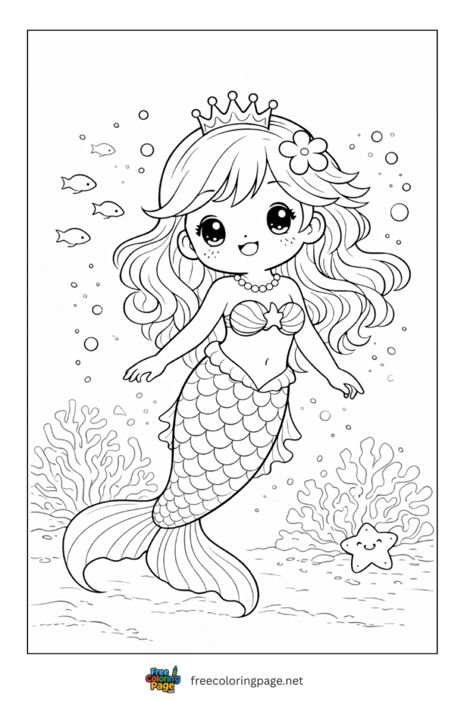 coloring page of adorable kawaii mermaid