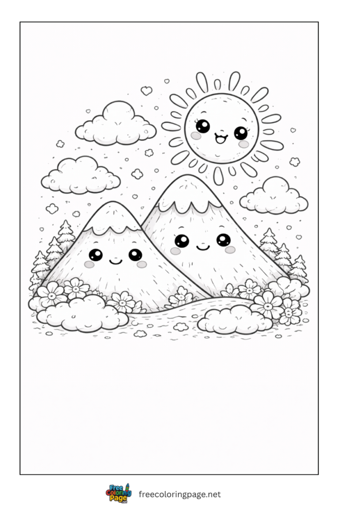 coloring page of kawaii mountains landscape