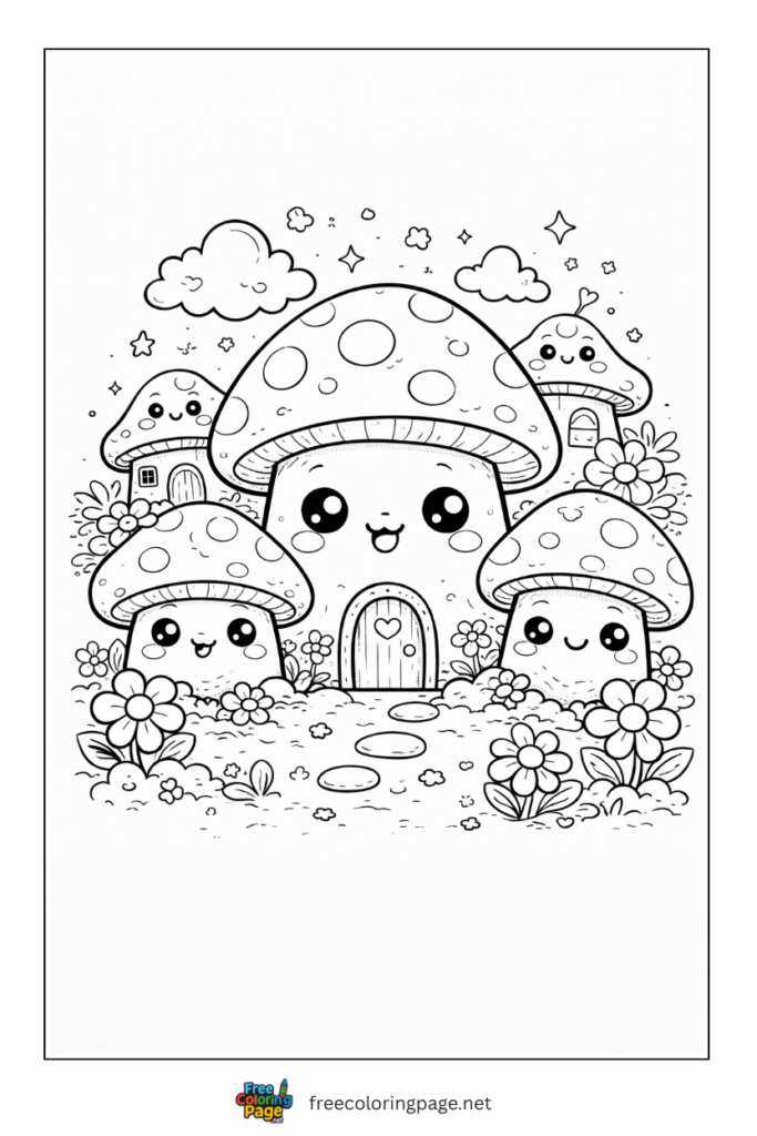 coloring page of kawaii mushrooms