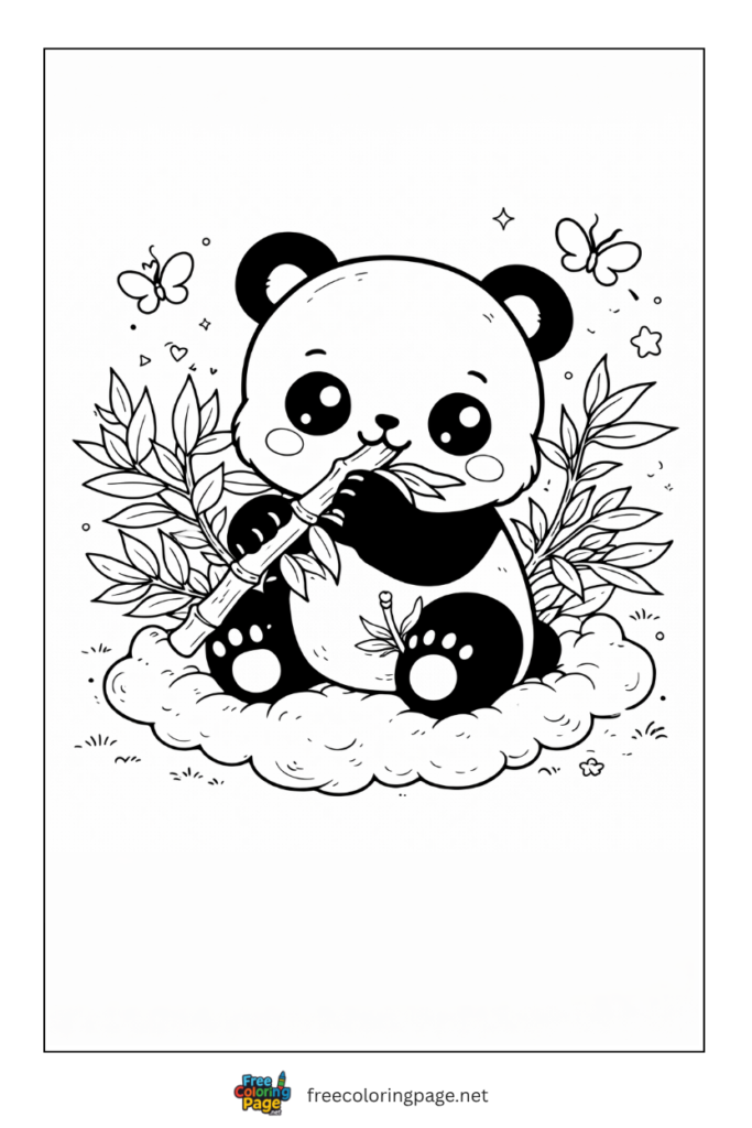 coloring page of kawaii panda with sugarcane
