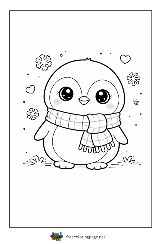 coloring page of kawaii penguin wearing scarf