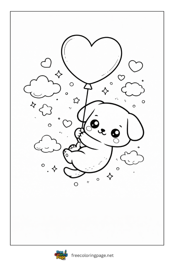 coloring page of kawaii puppy holding heart balloon