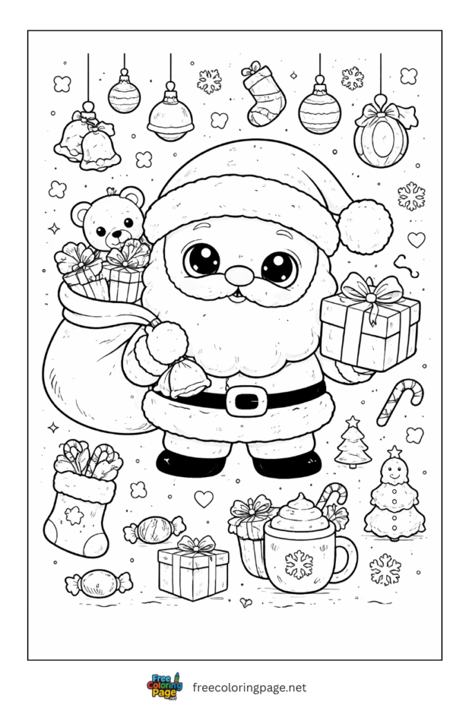 coloring page of kawaii christmas santa