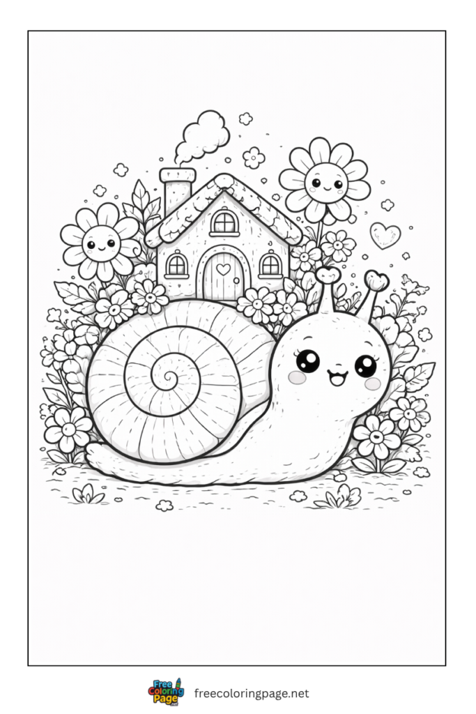 coloring page of kawaii snail in spring
