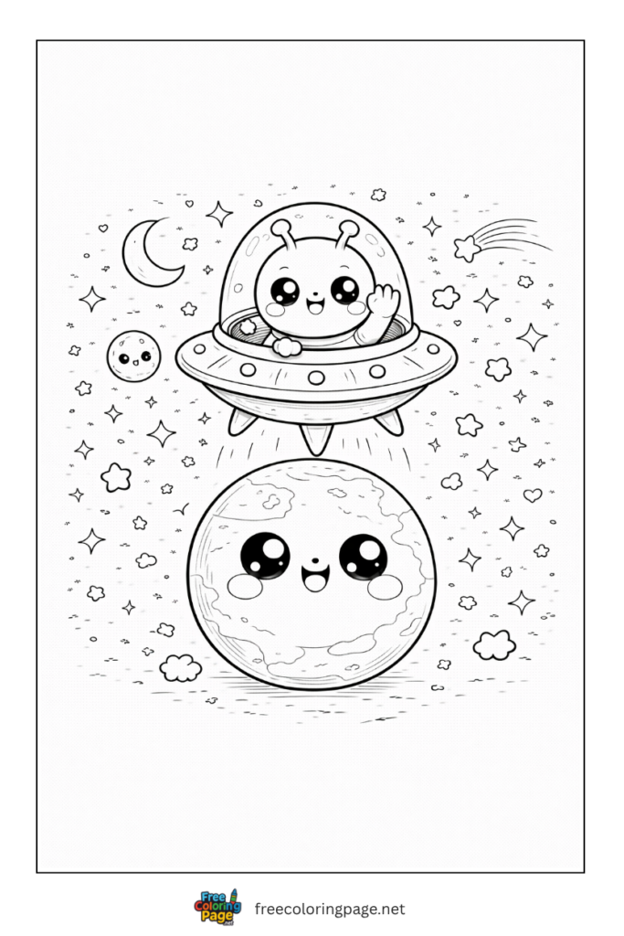coloring page of kawaii spaceship flying from earth