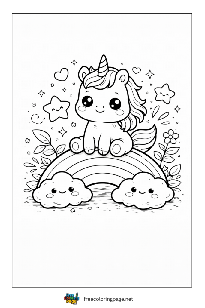 coloring page of kawaii unicorn sitting on rainbow