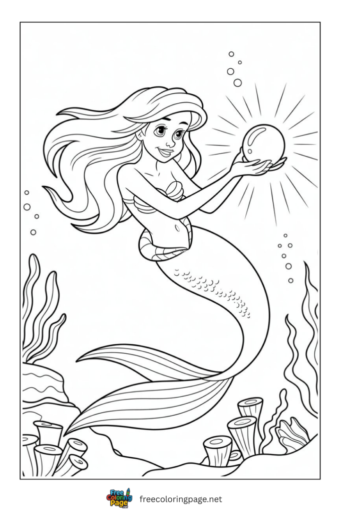 coloring page of little aerial mermaid with big pearl