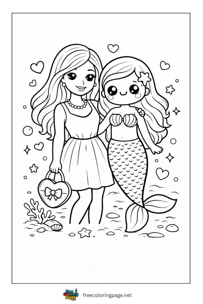 coloring page of mermaid and barbie happy friends