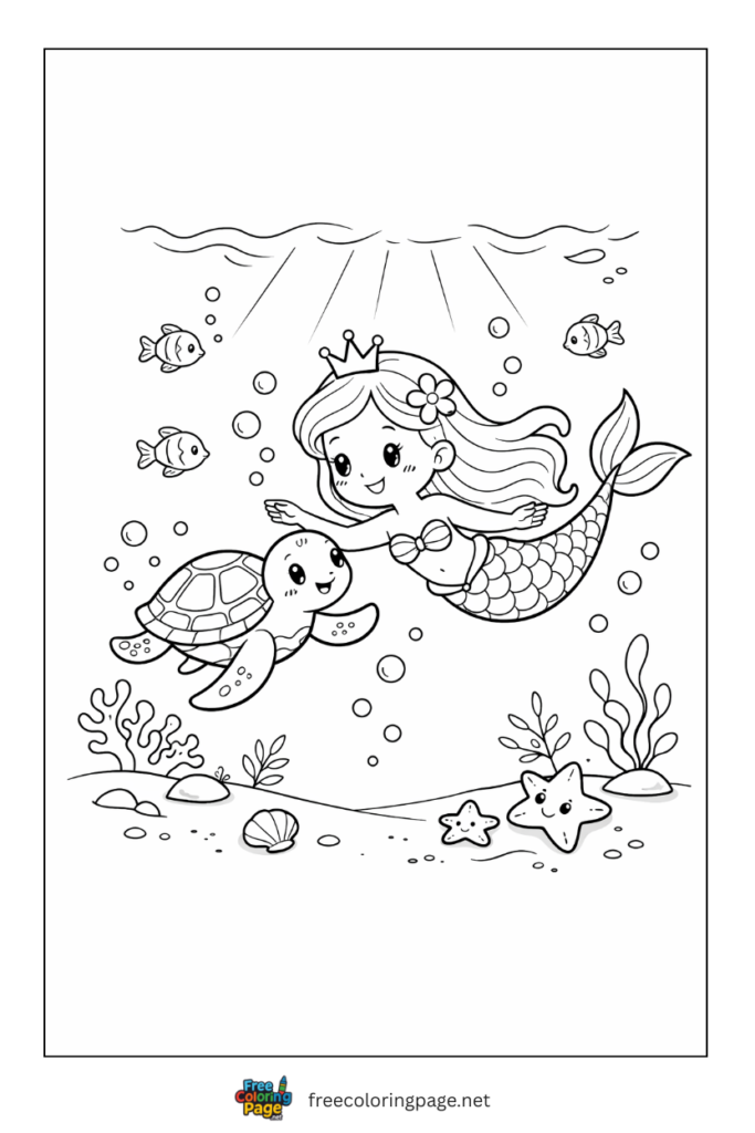 coloring page of mermaid swimming with sea turtle