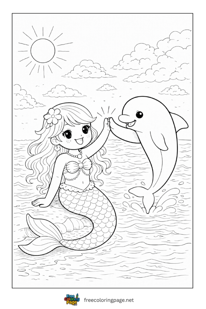 coloring page of mermaid and dolphin doing high five