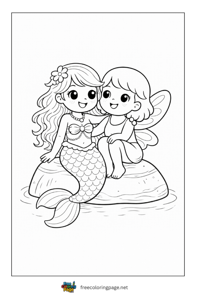 coloring page of mermaid and fairy sitting on rock