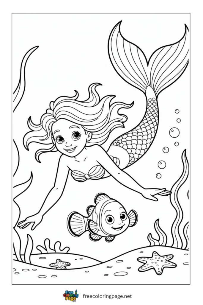 coloring page of mermaid swimming with nemo