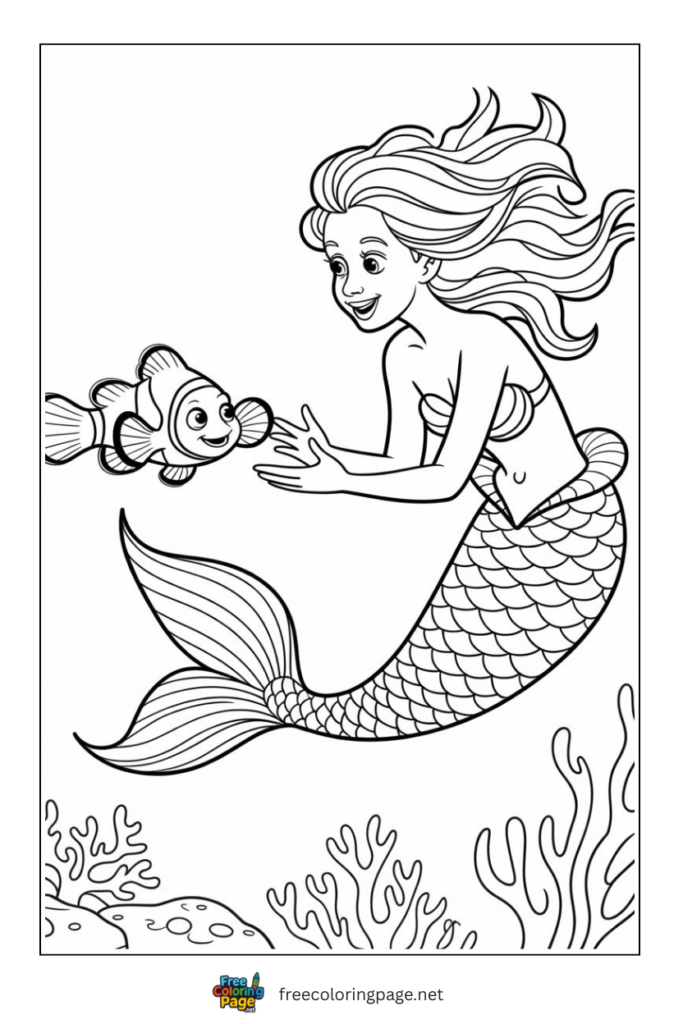 coloring page of mermaid with nemo