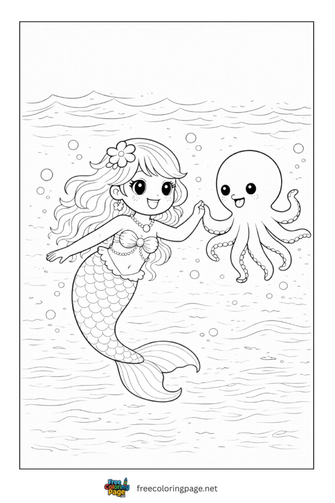 coloring page of mermaid with friendly octopus