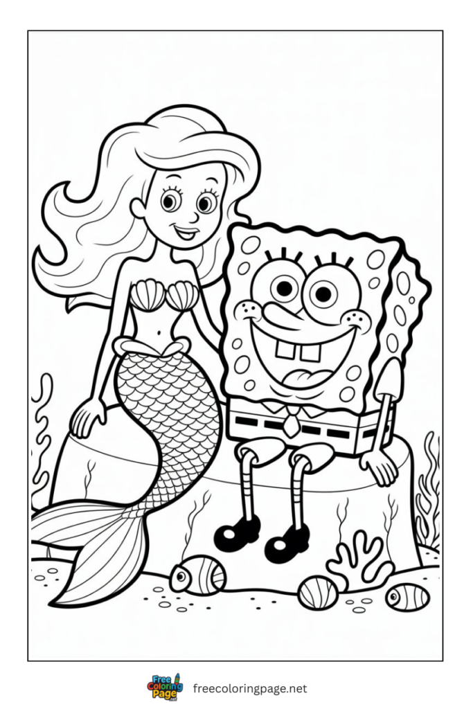 coloring page of mermaid and spongebob sitting together