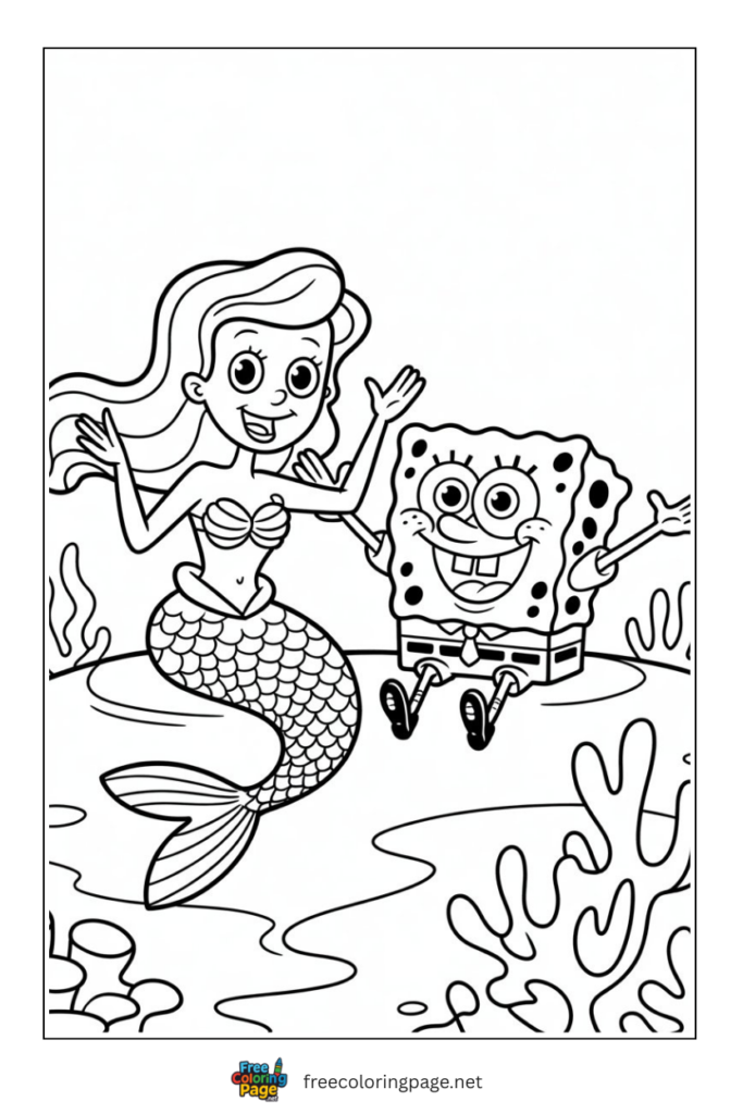 coloring page of mermaid with spongebob happy together