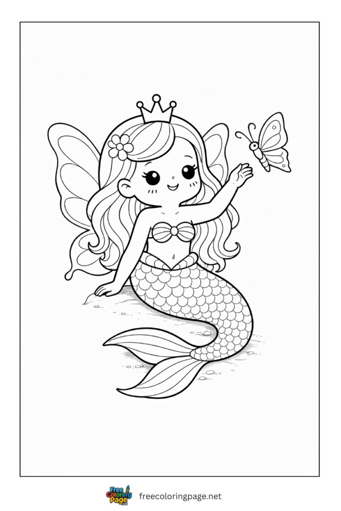 coloring page of mermaid with little butterfly
