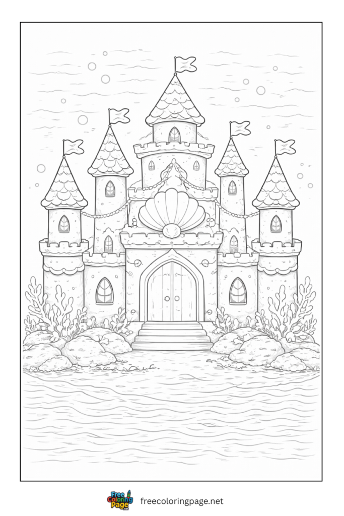 coloring page of mermaid castle
