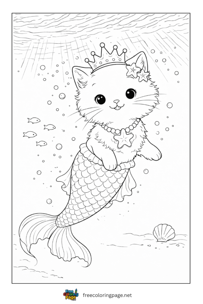 coloring page of cute mermaid cat