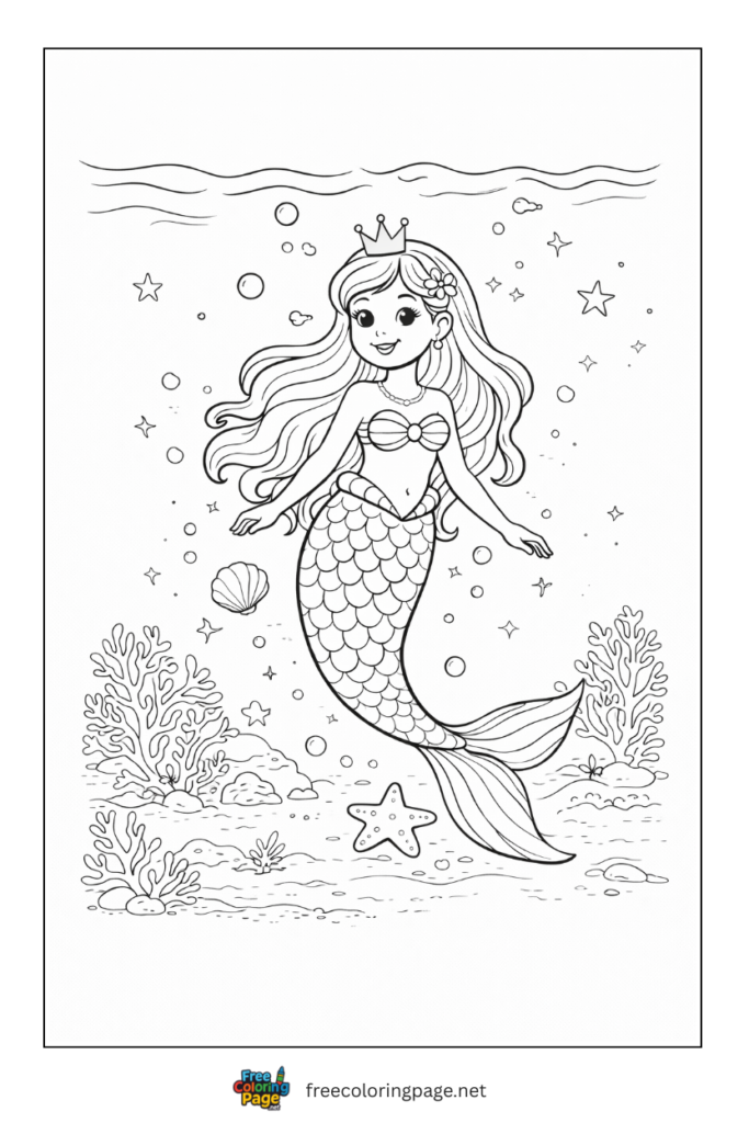coloring page of cute happy mermaid in water