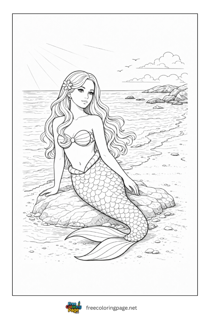 coloring page of real mermaid on beach