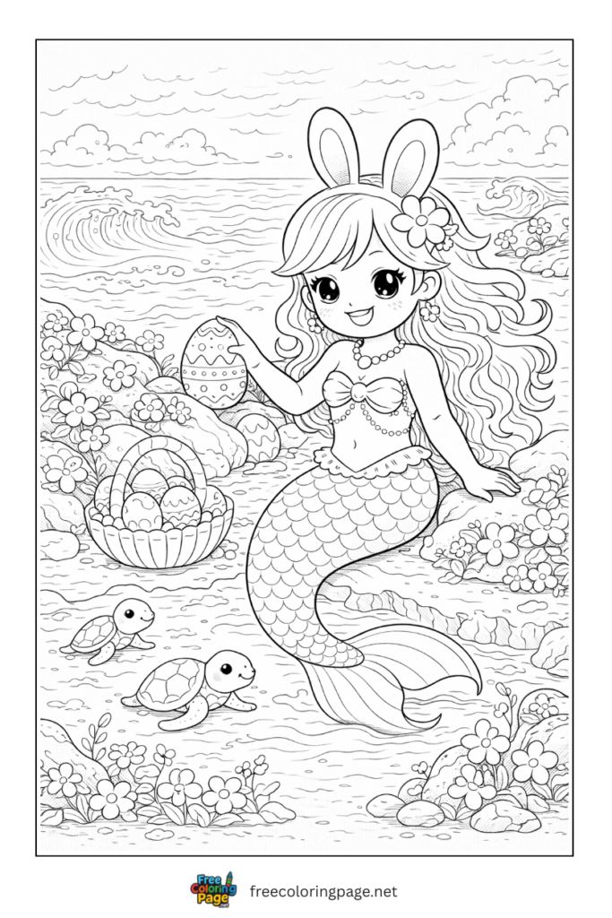 coloring page of mermaid with easter eggs