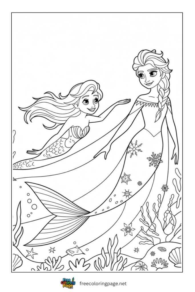 coloring page of cute mermaid with elsa