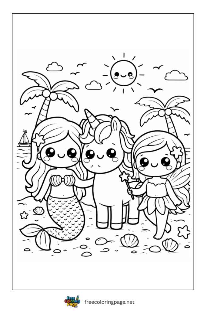 coloring page of mermaid fairy and unicorn