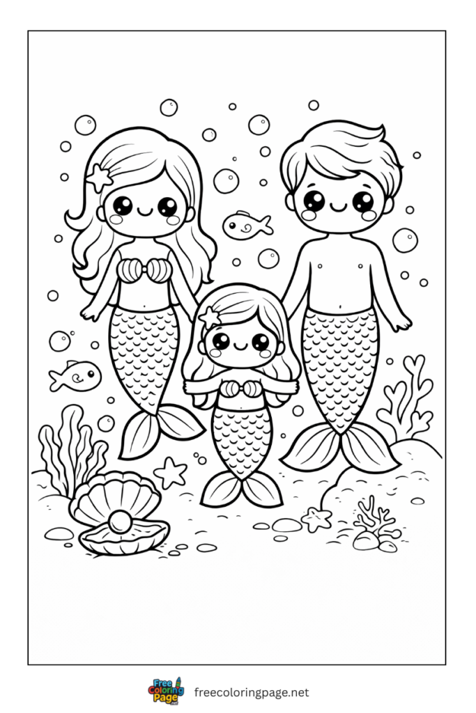 coloring page of cute mermaid family 