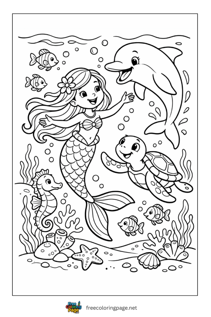 coloring page of mermaid in sea with dolphin sea turtle and other animals