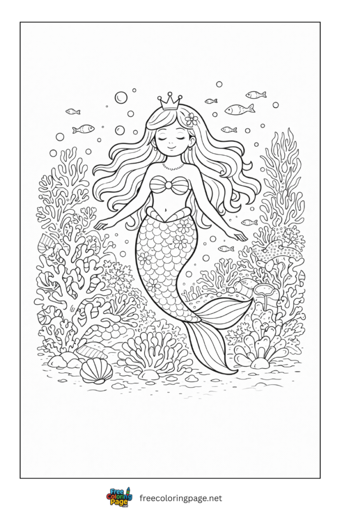 coloring page of calm mermaid undersea for adult