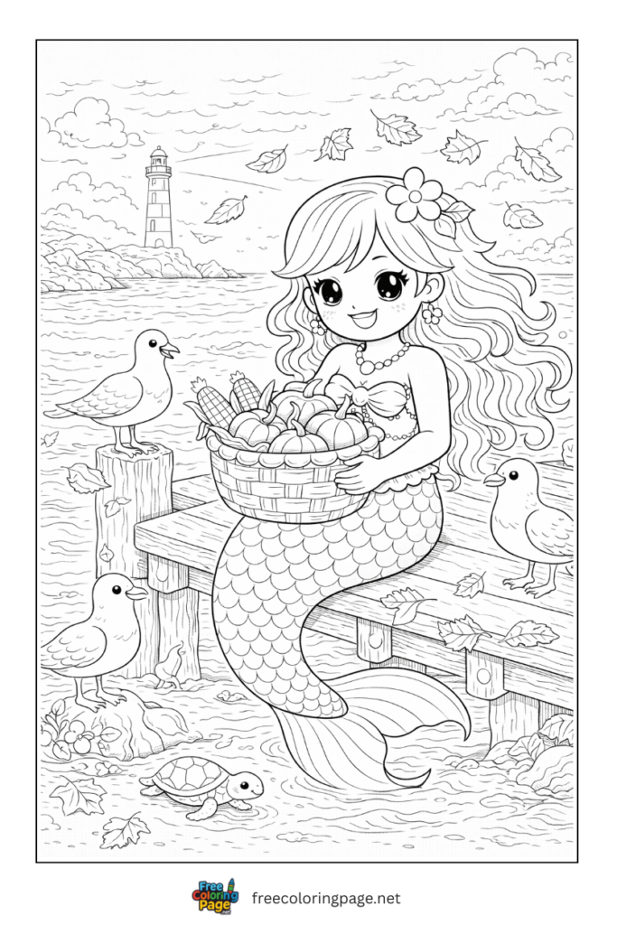 coloring page of mermaid thanksgiving