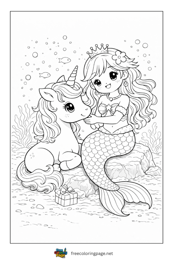 coloring page of mermaid with cute unicorn