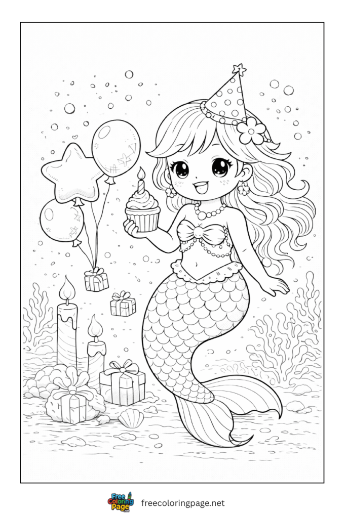 coloring page of mermaid celebrating birthday