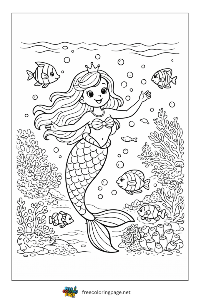coloring page of princess mermaid in sea with fishes