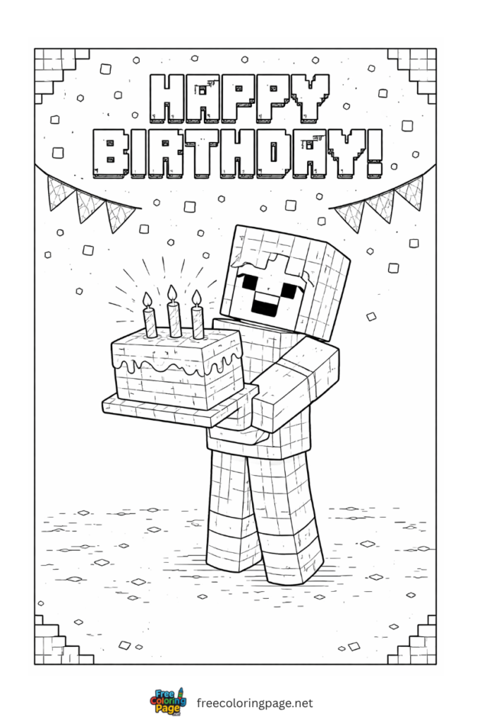 coloring page of minecraft alex with birthday cake
