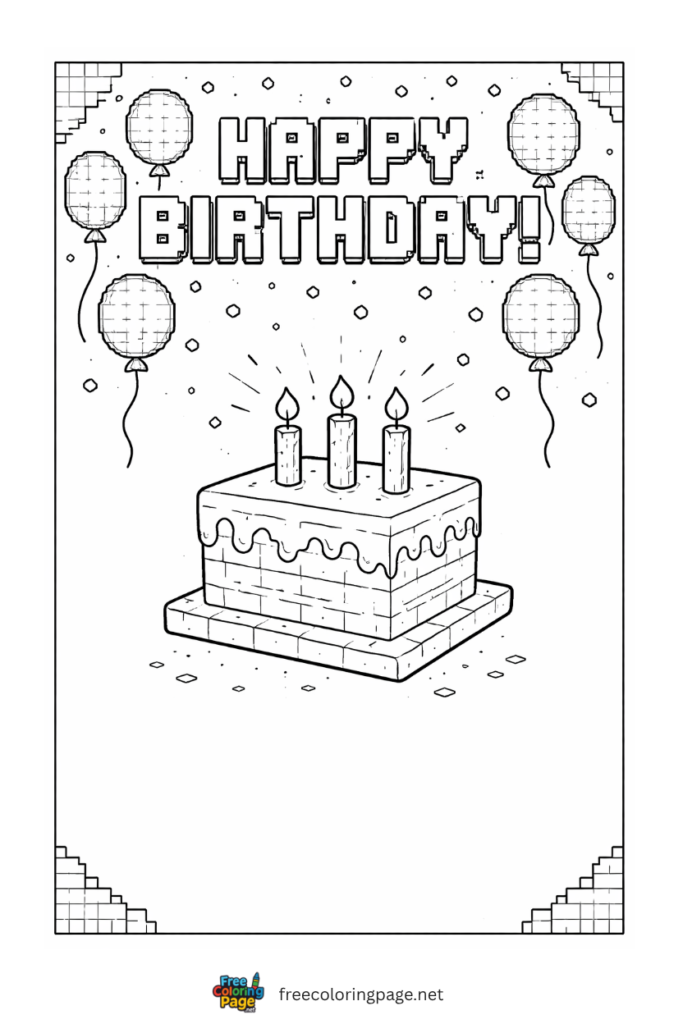 coloring page of minecraft birthday cake and balloons