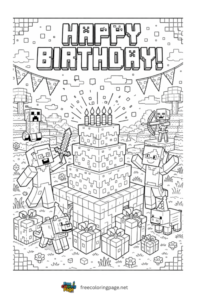 coloring page of minecraft birthday with everyone