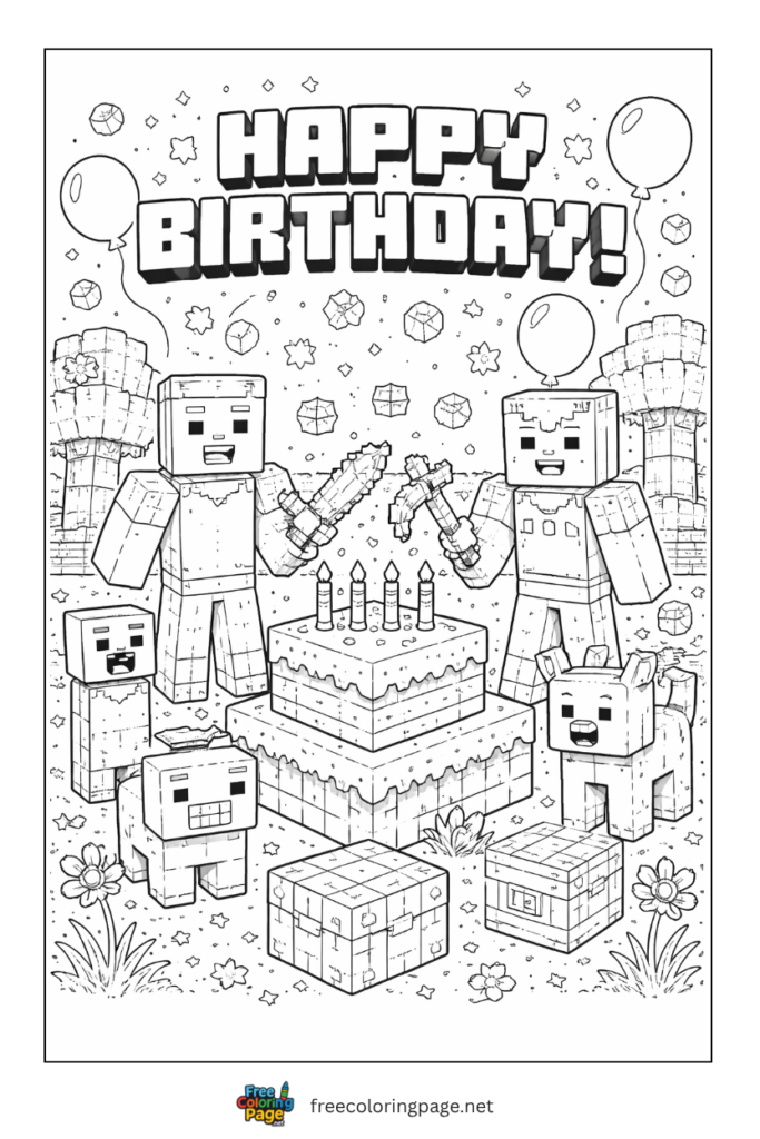 coloring page of minecraft birthday with alex steve and others