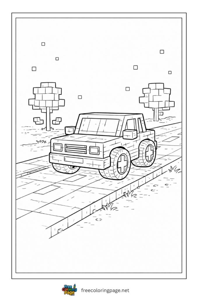coloring page of minecraft car on block road