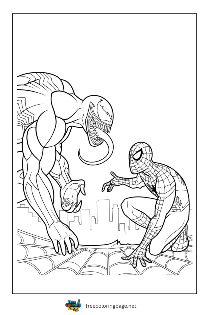 coloring page of venom and spiderman face to face