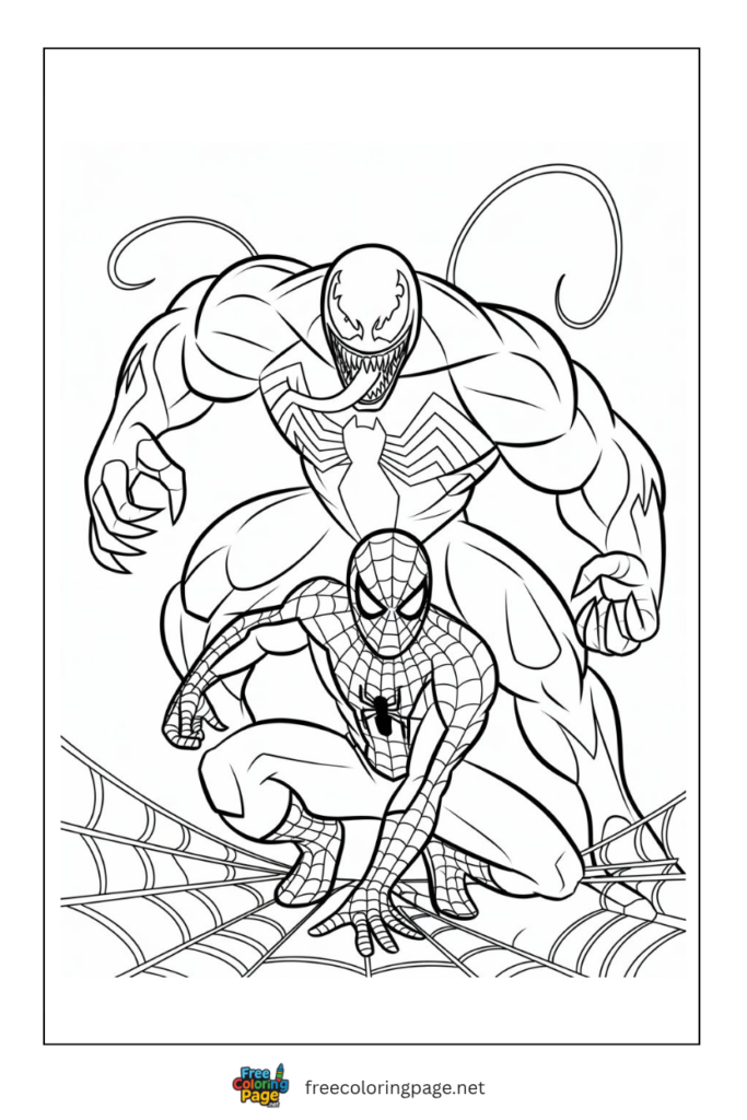 coloring page of venom and spiderman fighting on web