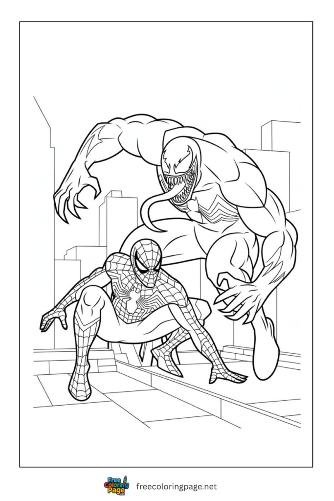 coloring page of venom and venom fight scene