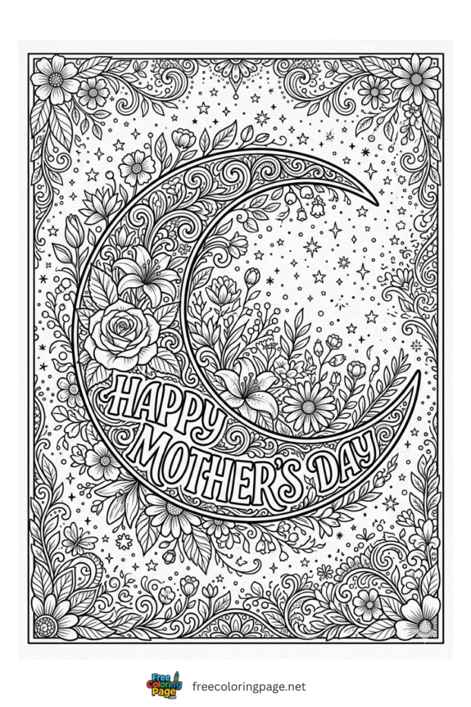 coloring page of mother's day moon mandala for grownup kids