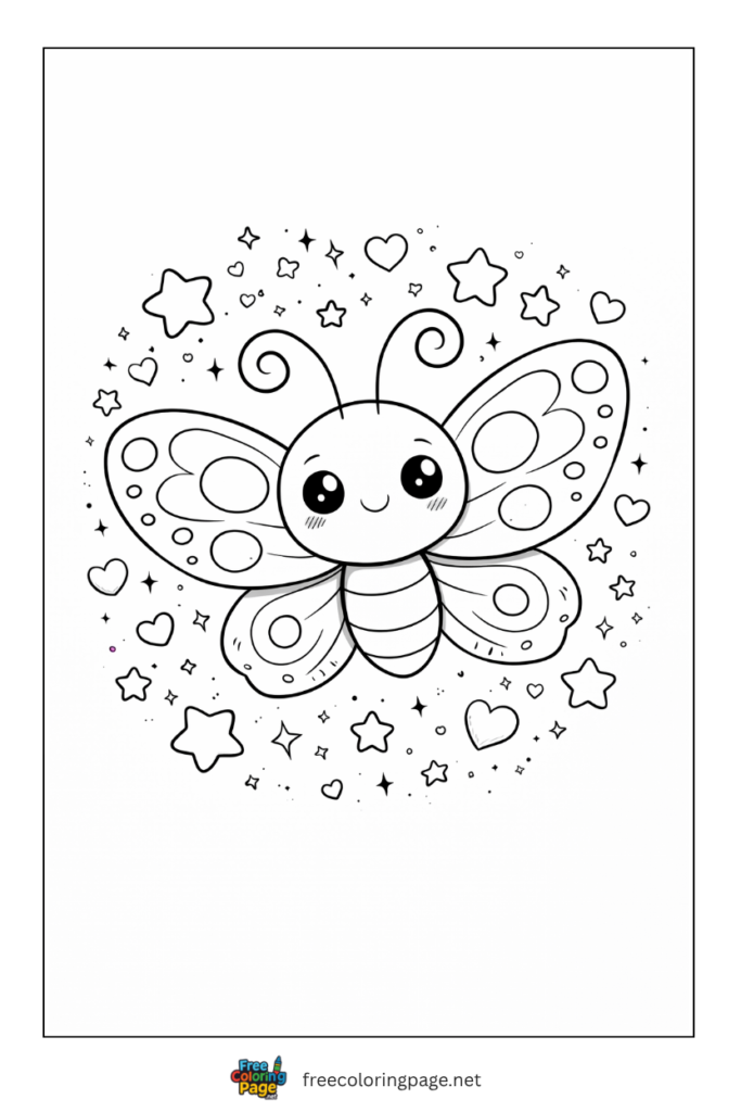coloring page of kawaii butterfly with stars 