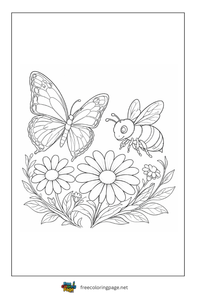 coloring page of butterfly and bee on flowers