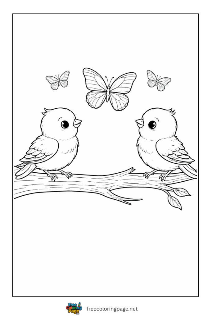 coloring page of butterfly and birds