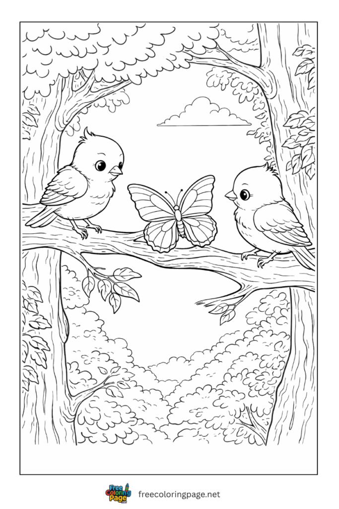 coloring page of butterfly and birds on tree