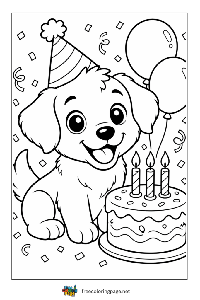 coloring page of puppy celebrating birthday