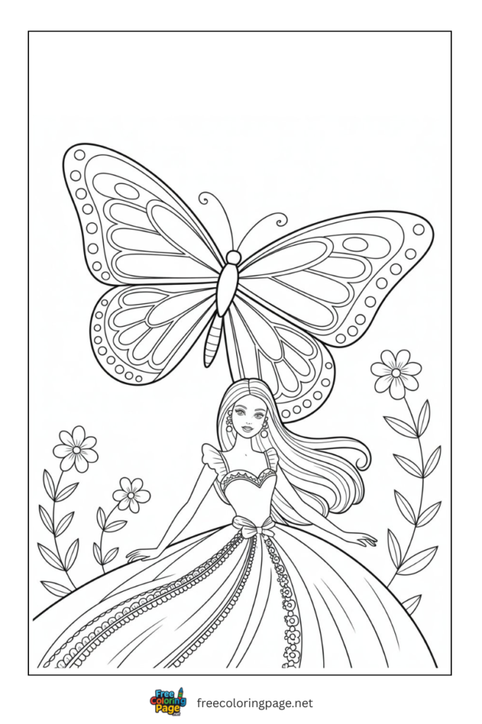 coloring page of butterfly with barbie